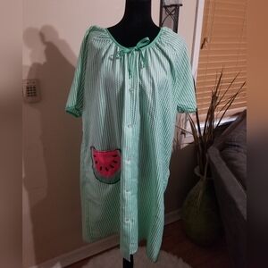 Mint Green Striped Button-Front Nightgown with Watermelon Pocket
